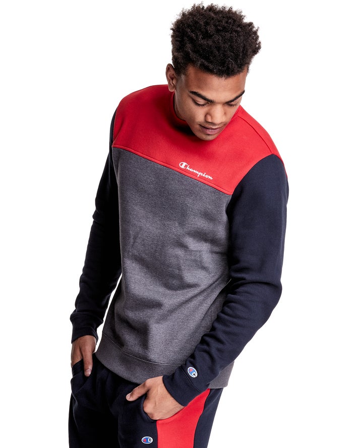 Champion Colorblock Fleece Crew Erkek Sweatshirt Gri/Kırmızı ( UZMWOH086 )